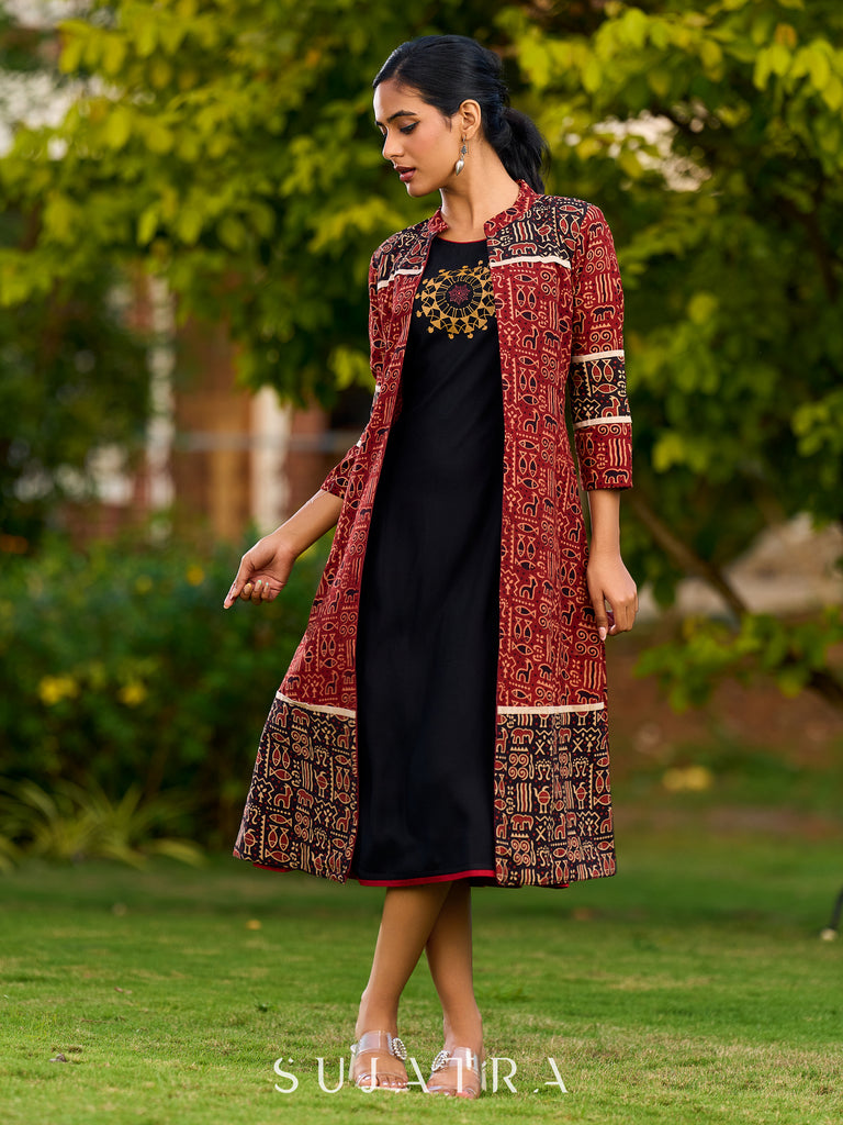 Handcrafted Maroon And Black Ajrakh Jacket Adorned With Animal-Inspired Prints