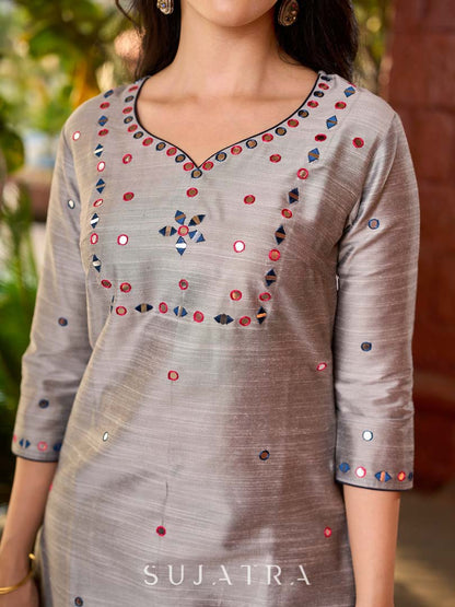 Refined Grey Cotton Silk Kurta with Intricate Contrasting Mirror Work