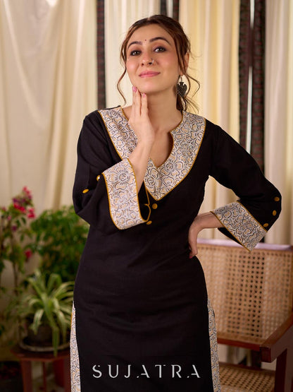 Timeless Black Cotton Kurta with White Floral Hand Block Printed Yoke, Cuffs & Hem with Contrast Button Detail
