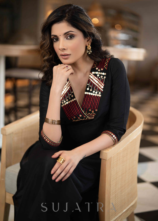 Elegant Black Cotton Silk Kurta With Red & Gold Embroidery On Neckline & Sleeves