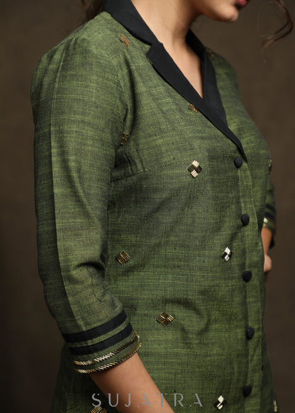 Striking Forest green pure cotton tunic with all over embellishments - Co ord Pant optional