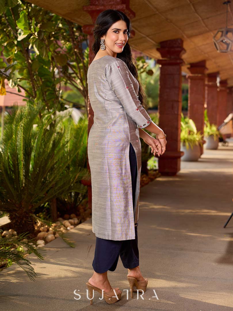 Refined Grey Cotton Silk Kurta with Intricate Contrasting Mirror Work