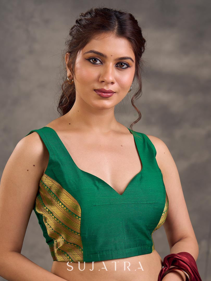 Forest Green Cotton Silk Sleeveless Sweetheart Neckline Blouse with Gold Zari Border