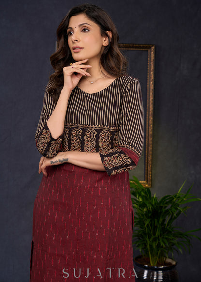 Elegant-Maroon-Cotton-Ikat-And-Ajrakh-Combination-Kurta--Pant-Optional