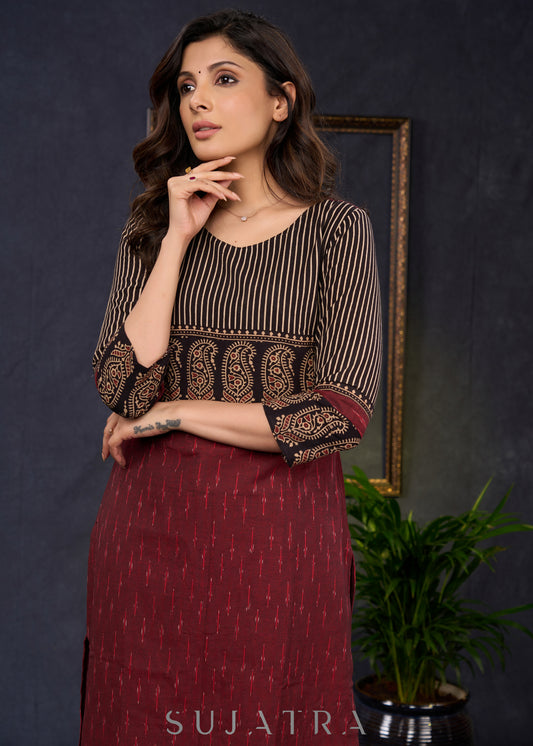 Elegant-Maroon-Cotton-Ikat-And-Ajrakh-Combination-Kurta--Pant-Optional