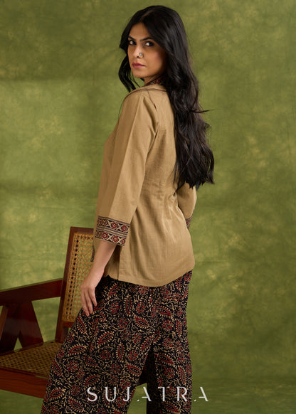 Dark Beige Cotton Ajrakh Combination Top - Pant Optional