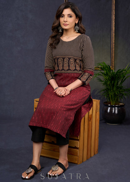 Elegant-Maroon-Cotton-Ikat-And-Ajrakh-Combination-Kurta--Pant-Optional