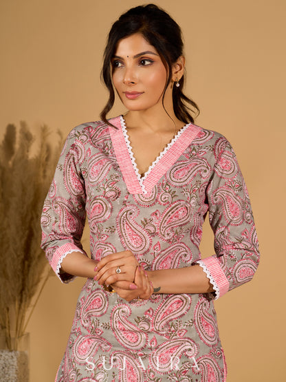 Gleam Grey Cotton Kurta with Paisley Prints and Crochet Charm