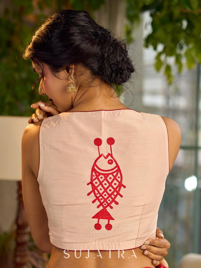 Classic Cream Cotton Silk Sleeveless Blouse with Hand Painted Motif on Back