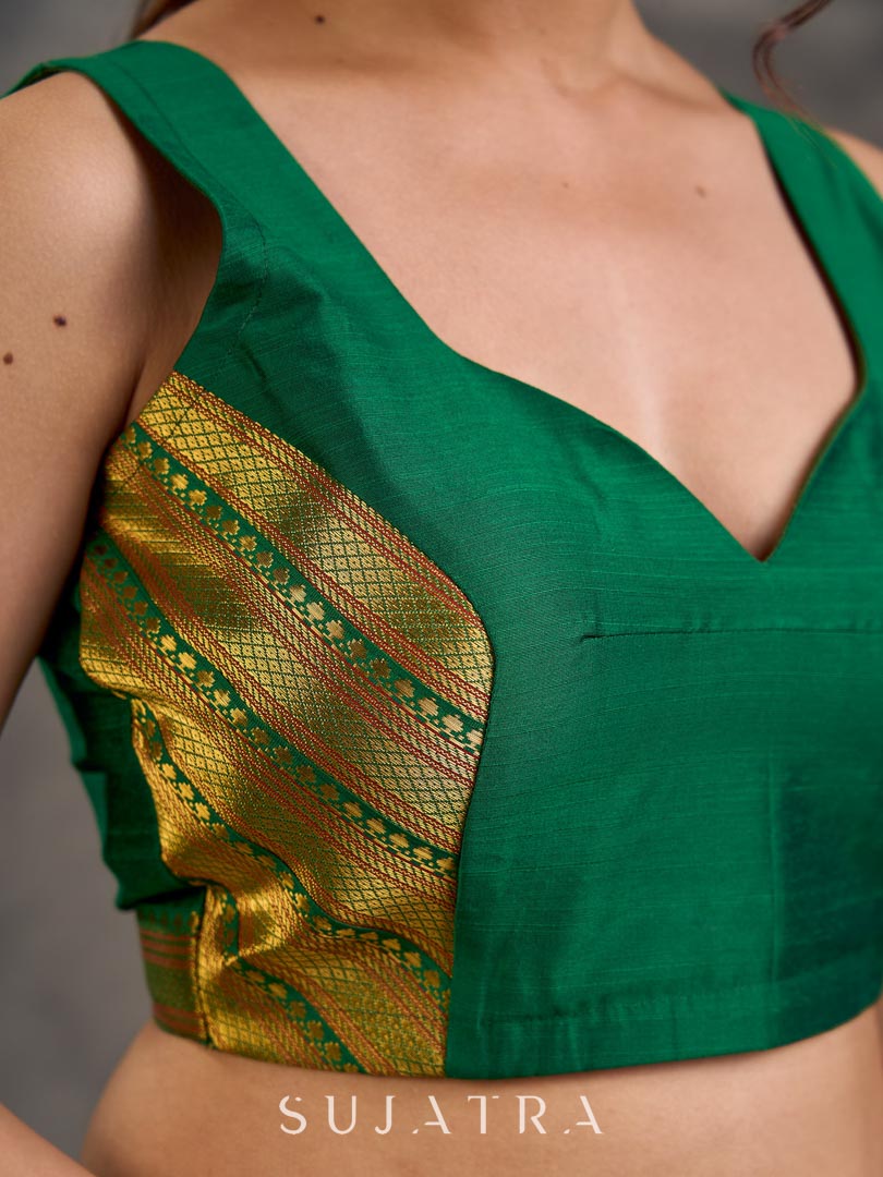 Forest Green Cotton Silk Sleeveless Sweetheart Neckline Blouse with Gold Zari Border