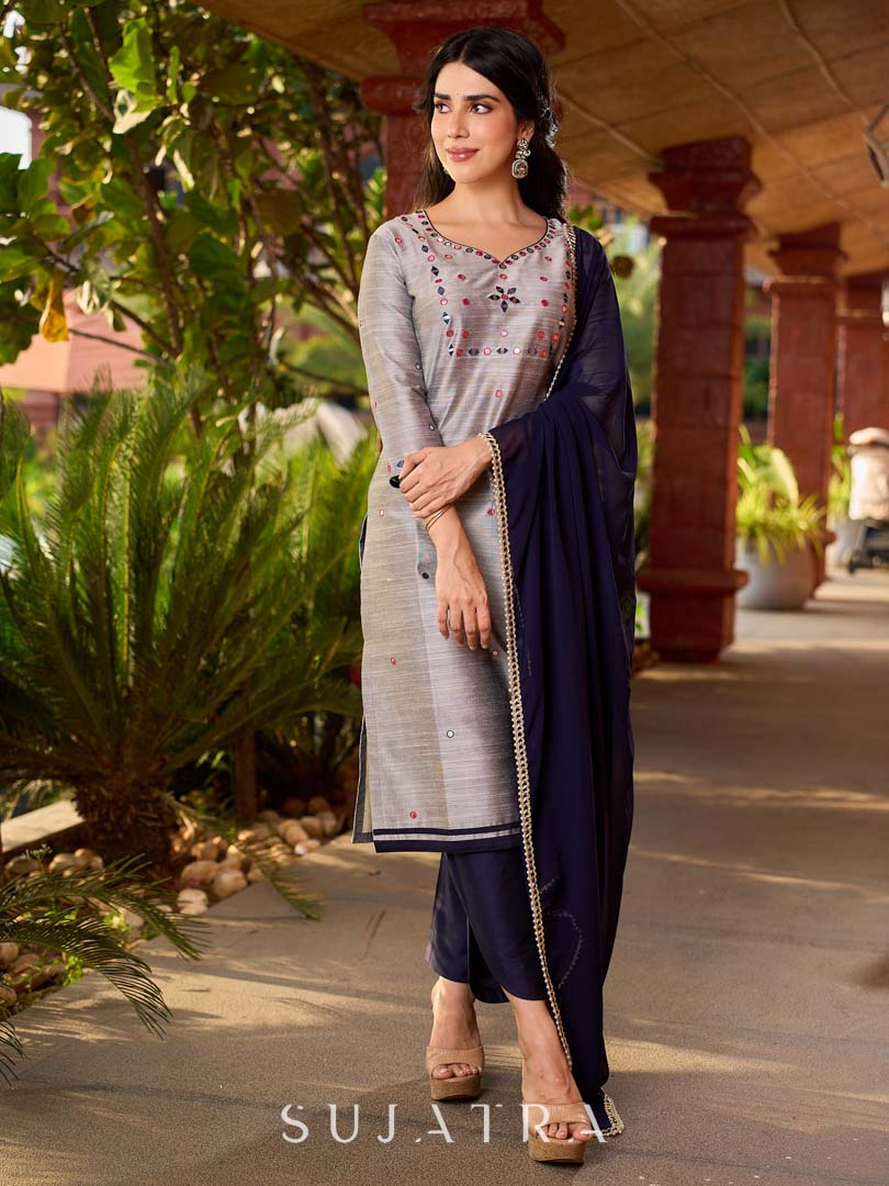 Refined Grey Cotton Silk Kurta with Intricate Contrasting Mirror Work