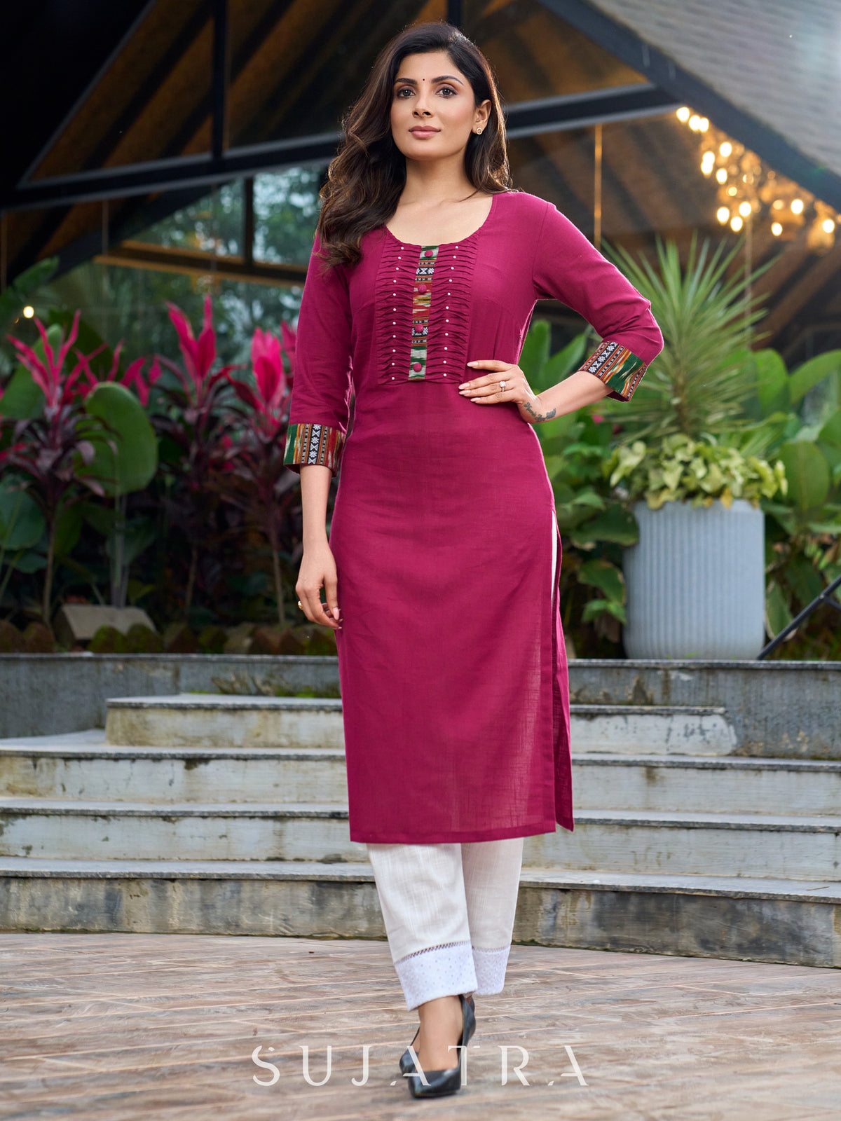Dussehra Sale — Magenta cotton kurta with Ikkat blend and inverted tuck detailing - ikkat pant Optional