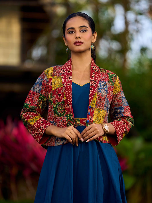 Chic Ajrakh Patchwork Open Front Cotton Jacket - Dress optional