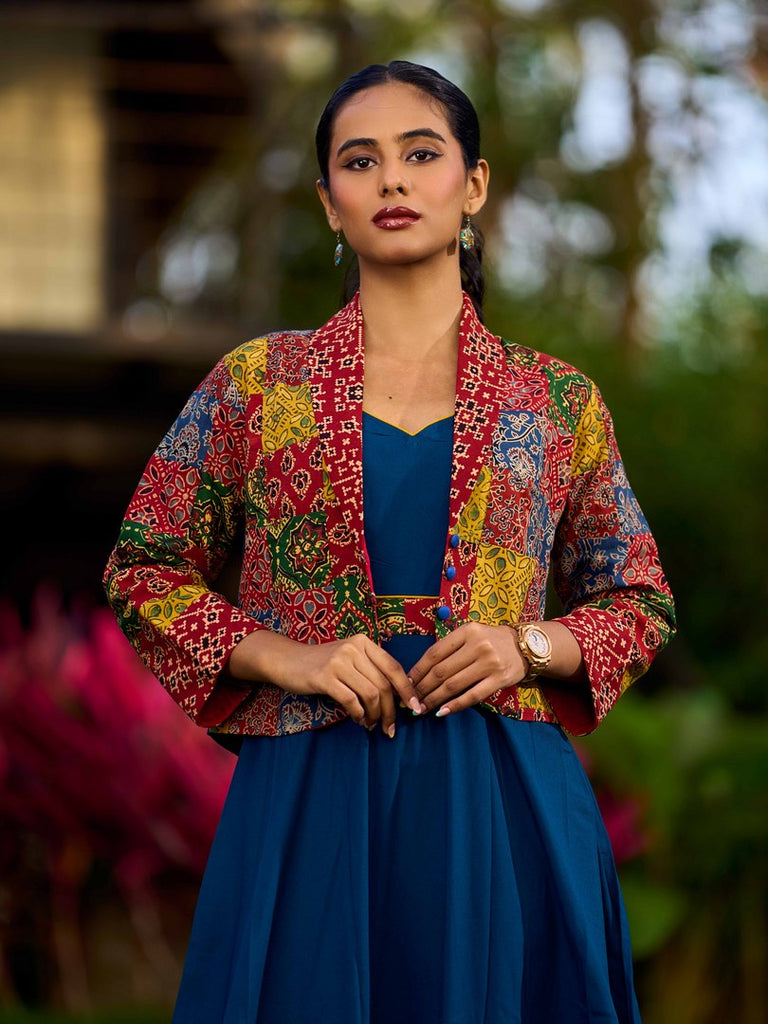 Chic Ajrakh Patchwork Open Front Cotton Jacket