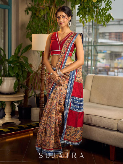 Elegant Mustard Kalamkari Print Chanderi Saree with Navy Blue Indigo Border