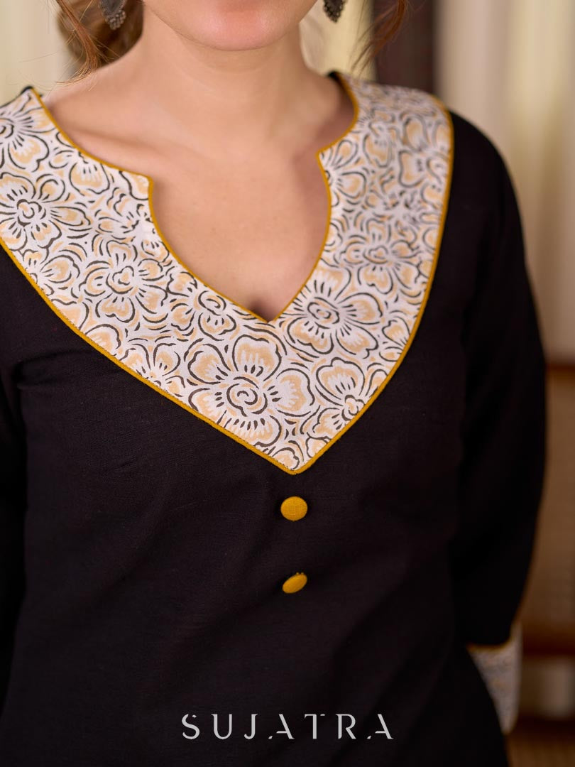 Timeless Black Cotton Kurta with White Floral Hand Block Printed Yoke, Cuffs & Hem with Contrast Button Detail