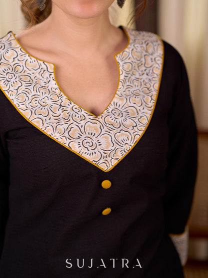 Timeless Black Cotton Kurta with White Floral Hand Block Printed Yoke, Cuffs & Hem with Contrast Button Detail