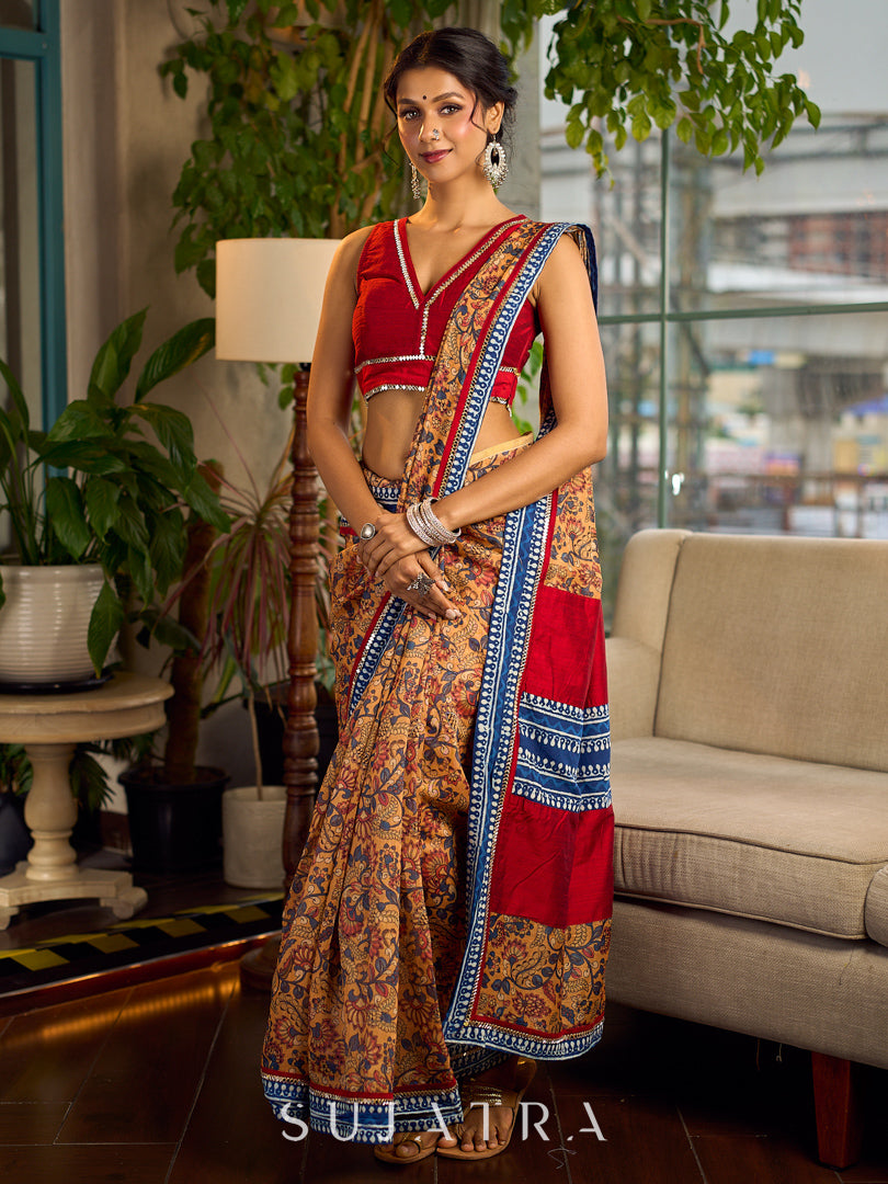 Elegant Mustard Kalamkari Print Chanderi Saree with Navy Blue Indigo Border