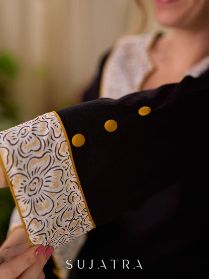 Timeless Black Cotton Kurta with White Floral Hand Block Printed Yoke, Cuffs & Hem with Contrast Button Detail