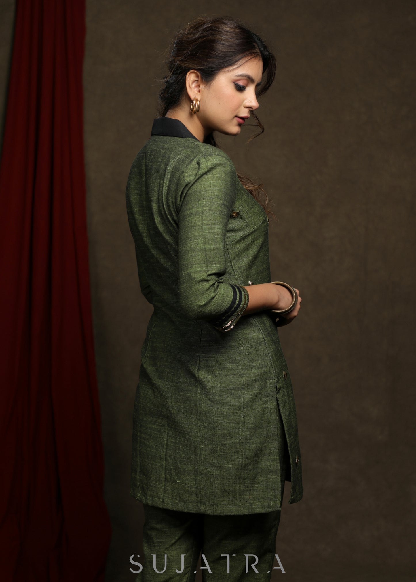 Striking Forest green pure cotton tunic with all over embellishments - Co ord Pant optional