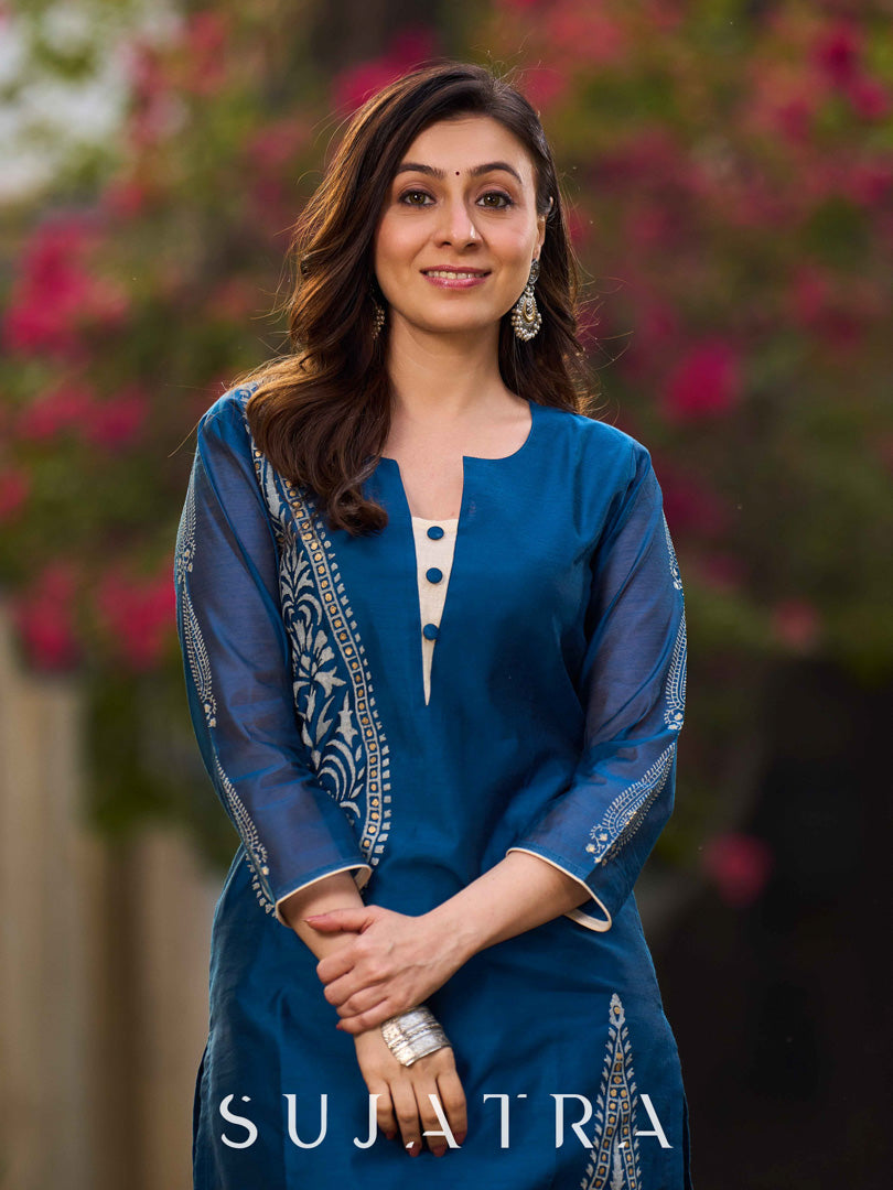 Elegant Navy Blue Chanderi Hand Block Printed Kurta with Intricate Motifs