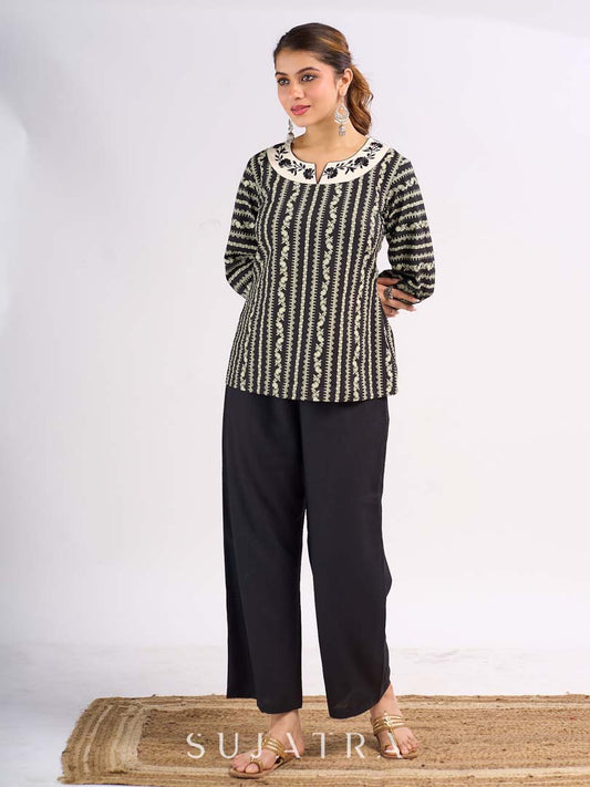 Black Cotton Contemporary Top with Ethnic Stripe Pattern and Embroidered Neckline