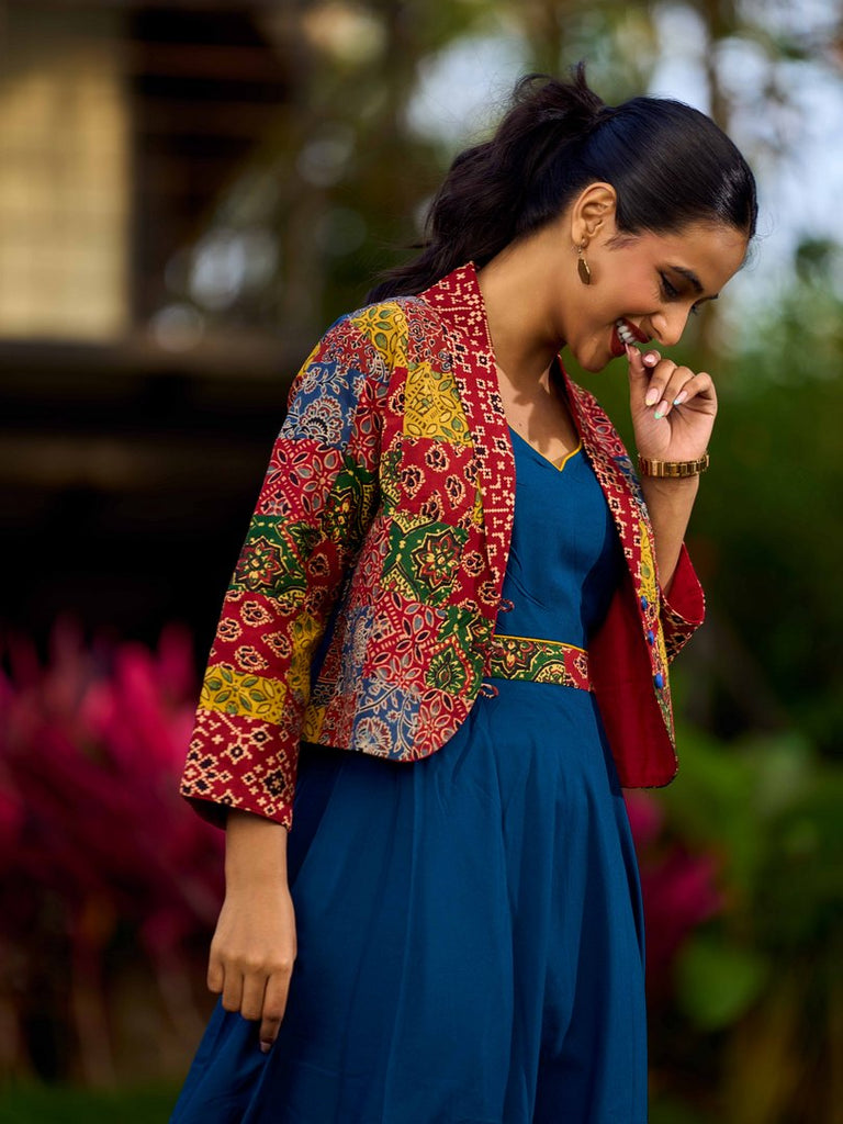 Artisanal Indigo Rayon Flared Dress Featuring Ajrakh Patchwork Hem And Waistline