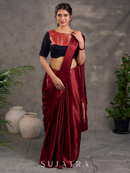Midnight Black Cotton Silk Blouse with Antique Maroon Benarasi Boat Neck Yoke