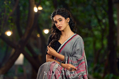 Poised Grey Cotton Saree with Classic Hand Block Printed Borders
