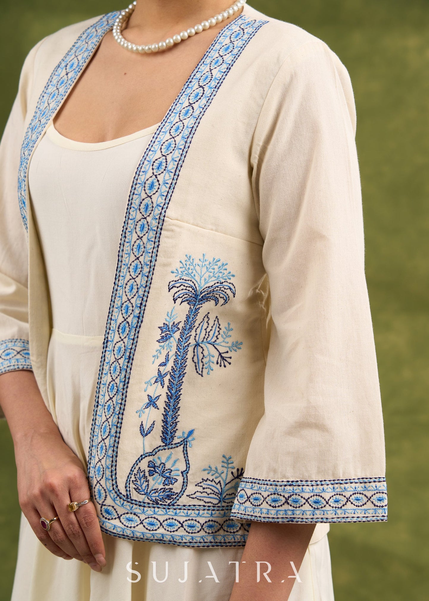 Elegant Cream Cotton Silk Sleeveless Dress - Embroidered Shrug optional