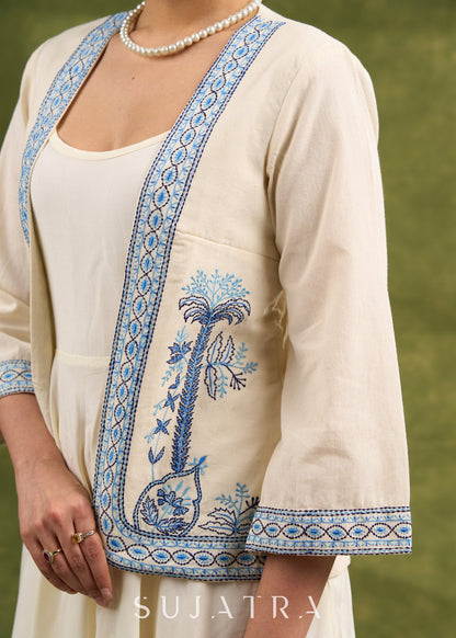 Elegant Cream Cotton Silk Sleeveless Dress - Embroidered Shrug optional