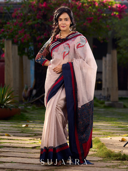 Beige Chanderi Saree With Ajrakh Accents And Vibrant Borders and Delicate Hand Painting