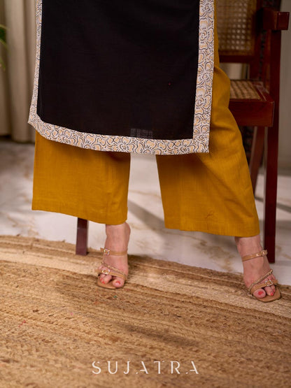 Timeless Black Cotton Kurta with White Floral Hand Block Printed Yoke, Cuffs & Hem with Contrast Button Detail