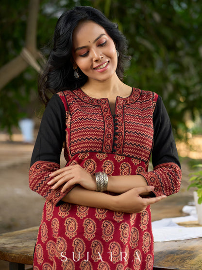 Ajrakh Printed Cotton Kurta with Contrasting Black Sleeves
