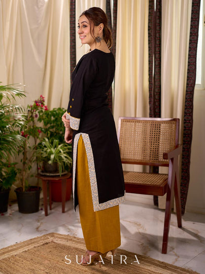 Timeless Black Cotton Kurta with White Floral Hand Block Printed Yoke, Cuffs & Hem with Contrast Button Detail