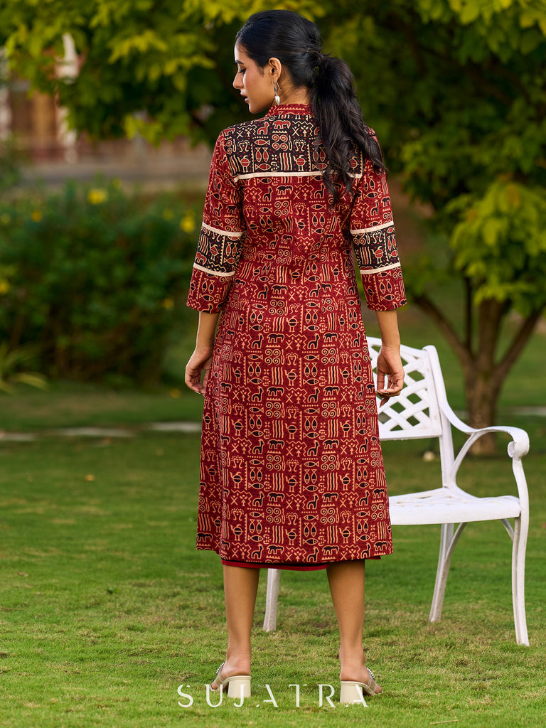 Sophisticated Cotton Ajrakh Animal Motif Jacket in Rich Maroon and Black Combination
