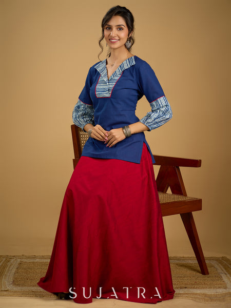 Classic indigo cotton top featuring smart and elegant collar design - skirt optional