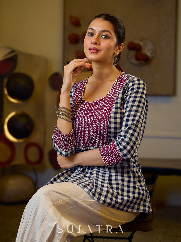 Classic Checkered Cotton Gathered Top Featuring A Contrasting Maroon Embroidered Yoke And Sleeves