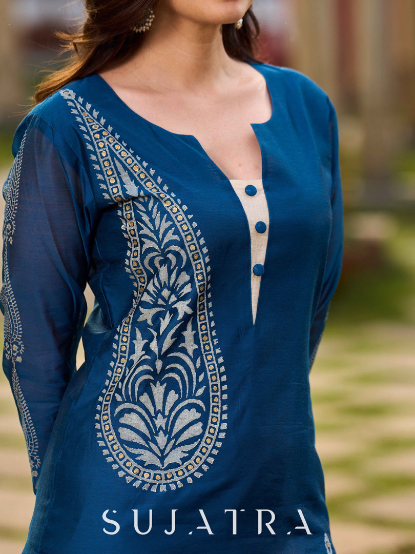Elegant Navy Blue Chanderi Hand Block Printed Kurta with Intricate Motifs