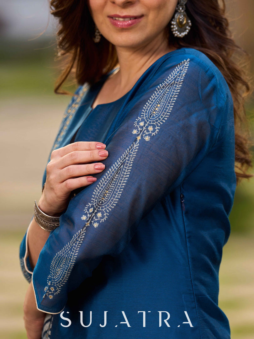 Elegant Navy Blue Chanderi Hand Block Printed Kurta with Intricate Motifs