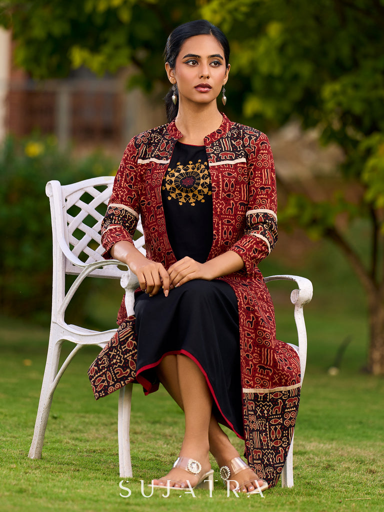 Sophisticated Cotton Ajrakh Animal Motif Jacket in Rich Maroon and Black Combination