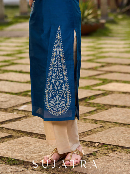 Elegant Navy Blue Chanderi Hand Block Printed Kurta with Intricate Motifs