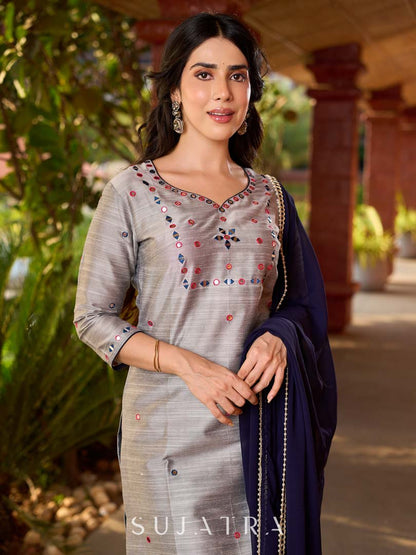Refined Grey Cotton Silk Kurta with Intricate Contrasting Mirror Work