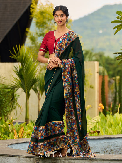 Classic Bottle Green Georgette Saree with Kalamkari Border Detailing & Ajrakh Highlight