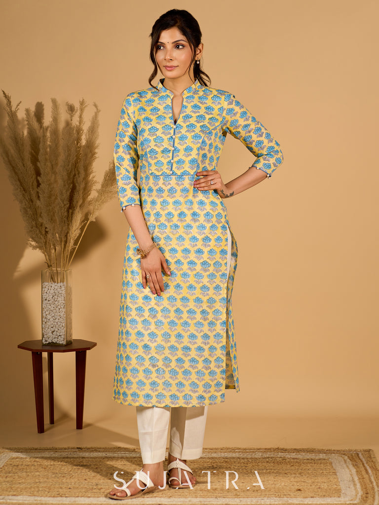 Lush Lemon Mul Cotton Kurta with Contrast Piping and Delicate Pearl Embellishments