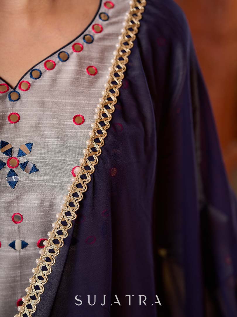 Refined Grey Cotton Silk Kurta with Intricate Contrasting Mirror Work