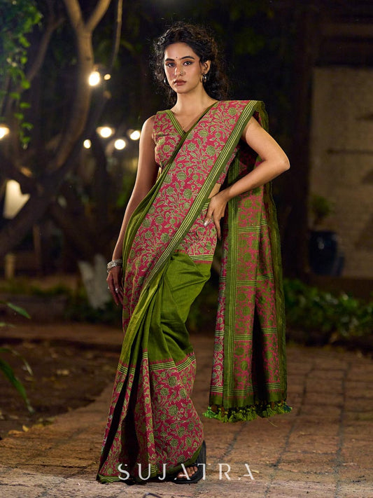 Mehendi Green-Pink Mughal Floral Hand Block Print Cotton Saree