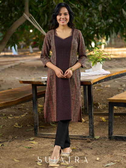 Sleek Black Ajrakh Panel Kurta with Fine Embellishments