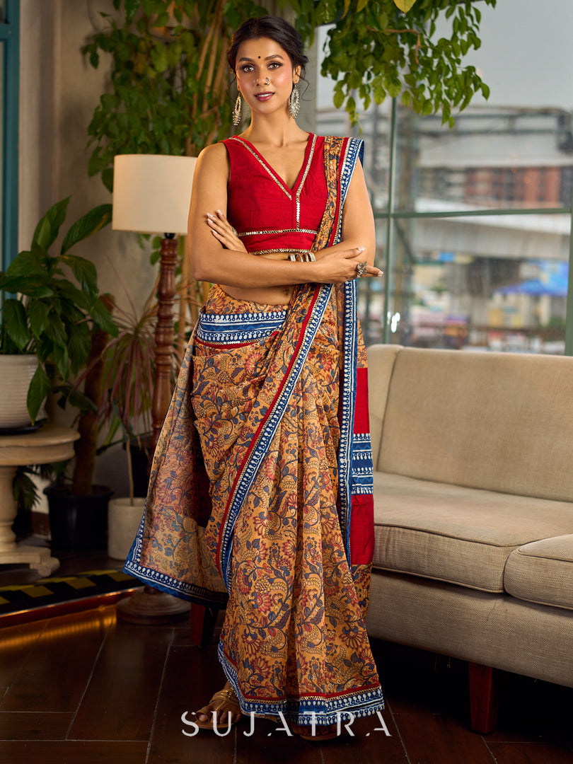 Elegant Mustard Kalamkari Print Chanderi Saree with Navy Blue Indigo Border