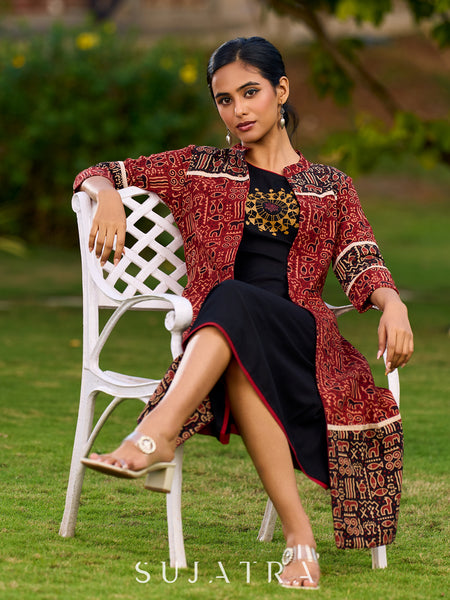 Handcrafted Maroon And Black Ajrakh Jacket Adorned With Animal-Inspired Prints
